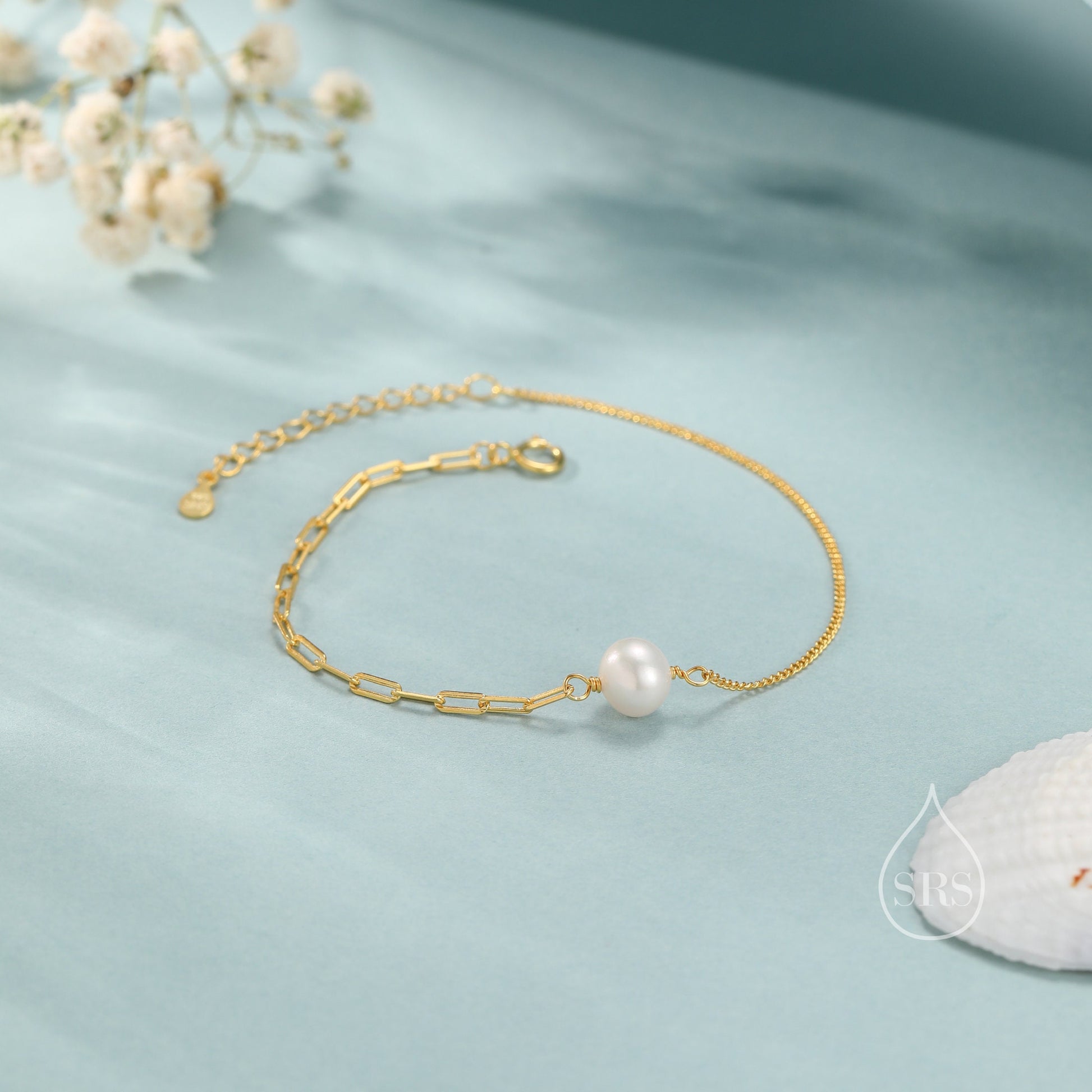 Sterling Silver Natural Pearl Bracelet, Single Genuine Pearl Bracelet, Mixed Chain Freshwater Pearl Bracelet, Silver or Gold