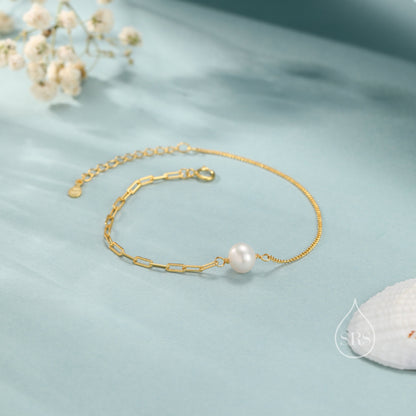 Sterling Silver Natural Pearl Bracelet, Single Genuine Pearl Bracelet, Mixed Chain Freshwater Pearl Bracelet, Silver or Gold
