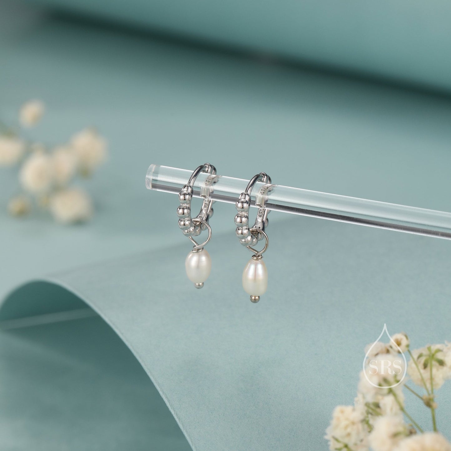 Natural Freshwater Pearl Pebble Huggie Hoop Earrings in Sterling Silver, Simple Pearl Dotted Dangle Earrings, Silver or Gold or Rose Gold