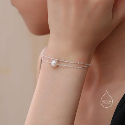 Sterling Silver Natural Pearl Double Layer Bracelet, Single Genuine Pearl Bracelet, Dainty Freshwater Pearl Bracelet, Silver or Gold