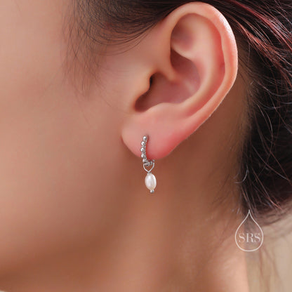 Natural Freshwater Pearl Pebble Huggie Hoop Earrings in Sterling Silver, Simple Pearl Dotted Dangle Earrings, Silver or Gold or Rose Gold