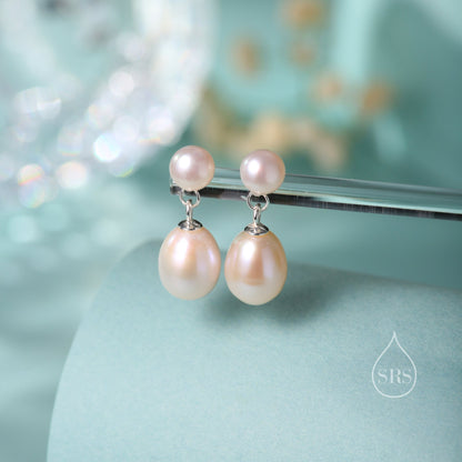 Natural Freshwater Pearl Drop Earrings in Sterling Silver, Silver or Gold, Delicate Double Pearl Earrings, Double Pearl Stud Dangle Earrings