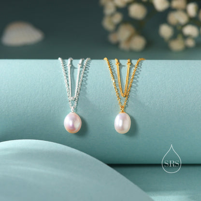Genuine Freshwater Pearl Double Layer Pendant Necklace in Sterling Silver, Silver or Gold, Delicate Pearl Necklace, Natural Pearl Necklace