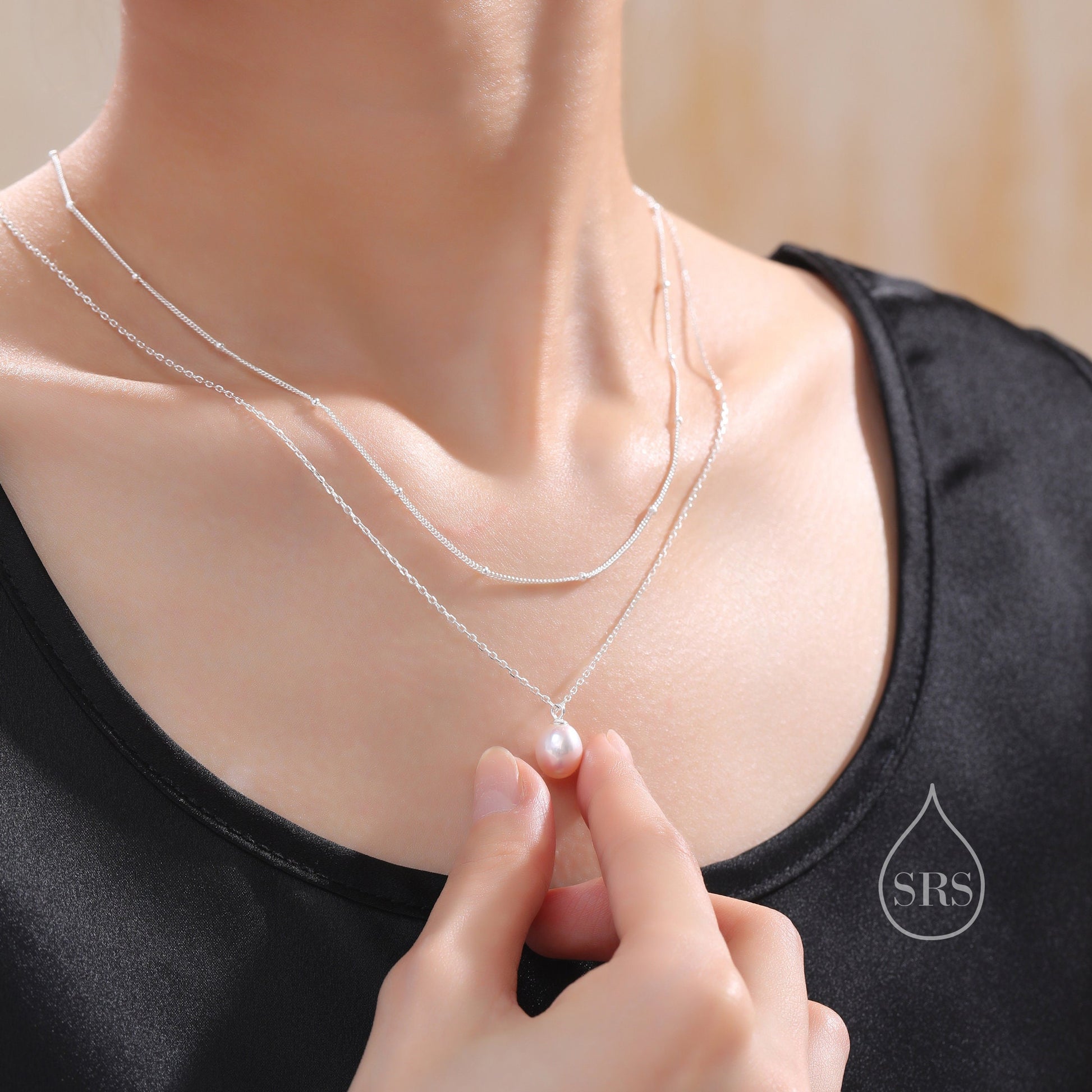 Genuine Freshwater Pearl Double Layer Pendant Necklace in Sterling Silver, Silver or Gold, Delicate Pearl Necklace, Natural Pearl Necklace