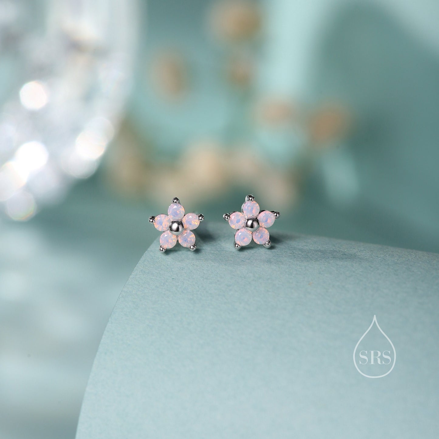 Tiny Opal Pink CZ Flower Stud Earrings in Sterling Silver, Silver or Gold,  Extra Small Opal Pink Flower Earrings, Pink Flower Earrings