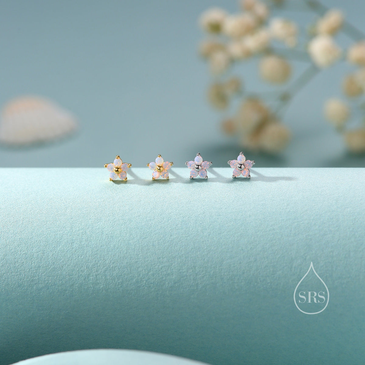 Tiny Opal Pink CZ Flower Stud Earrings in Sterling Silver, Silver or Gold, Extra Small Opal Pink Flower Earrings, Pink Flower Earrings