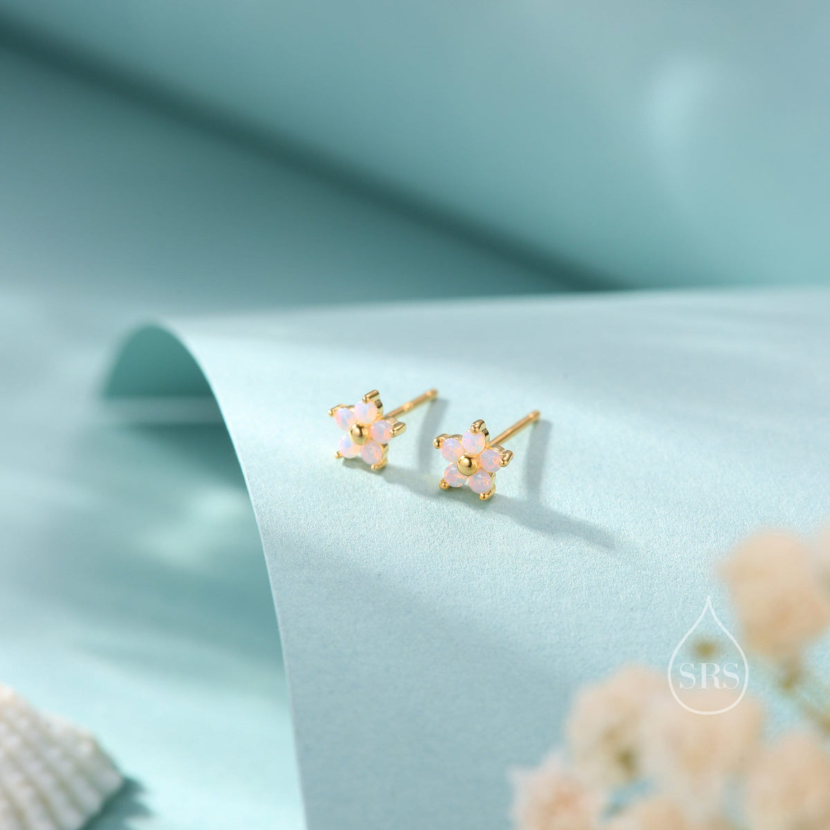Tiny Opal Pink CZ Flower Stud Earrings in Sterling Silver, Silver or Gold, Extra Small Opal Pink Flower Earrings, Pink Flower Earrings