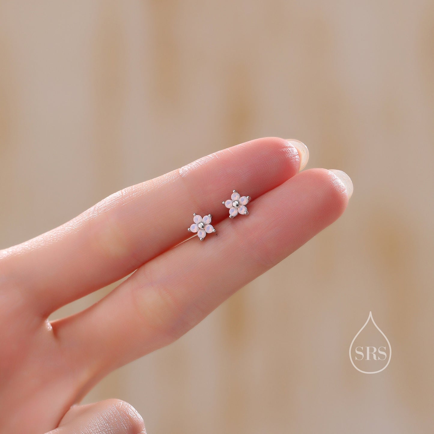 Tiny Opal Pink CZ Flower Stud Earrings in Sterling Silver, Silver or Gold,  Extra Small Opal Pink Flower Earrings, Pink Flower Earrings