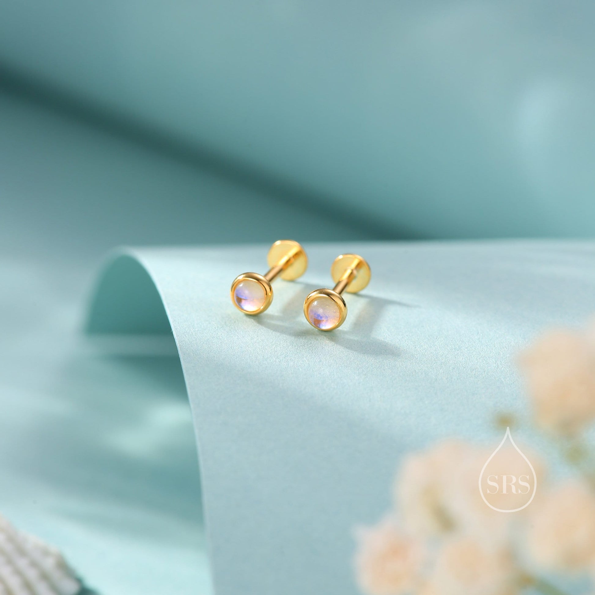 Very Tiny Moonstone Screw back(Barbell)/ Internally Threaded Flat Back/ Stud Earrings in Sterling Silver, Lab Moonstone Earrings, Piercing