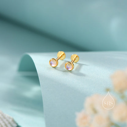 Very Tiny Moonstone Screw back(Barbell)/ Internally Threaded Flat Back/ Stud Earrings in Sterling Silver, Lab Moonstone Earrings, Piercing