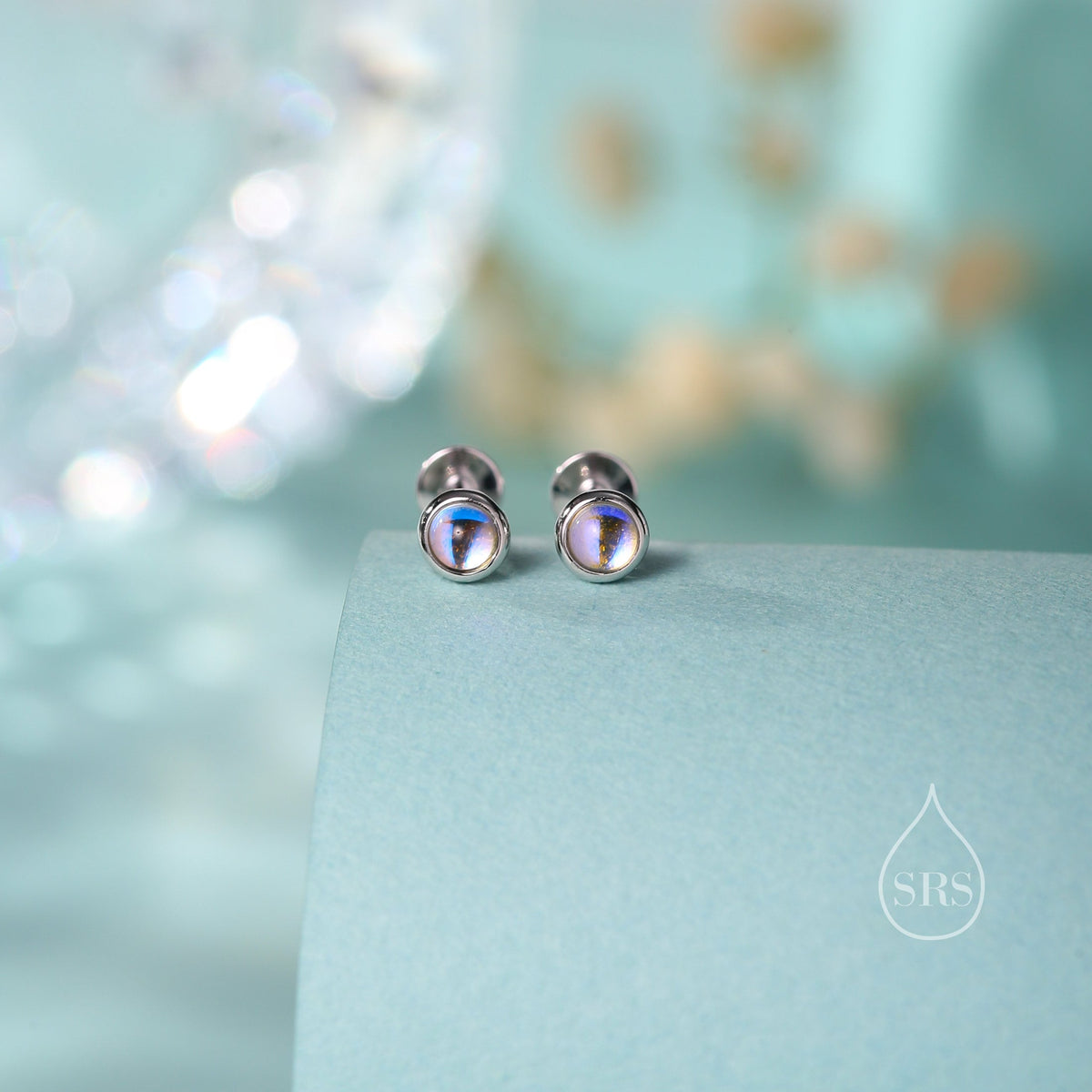 Tiny Moonstone Internally Threaded Flat Back/Screw back(Barbell)/ Stud Earrings in Sterling Silver, Lab Moonstone Earrings, Piercing