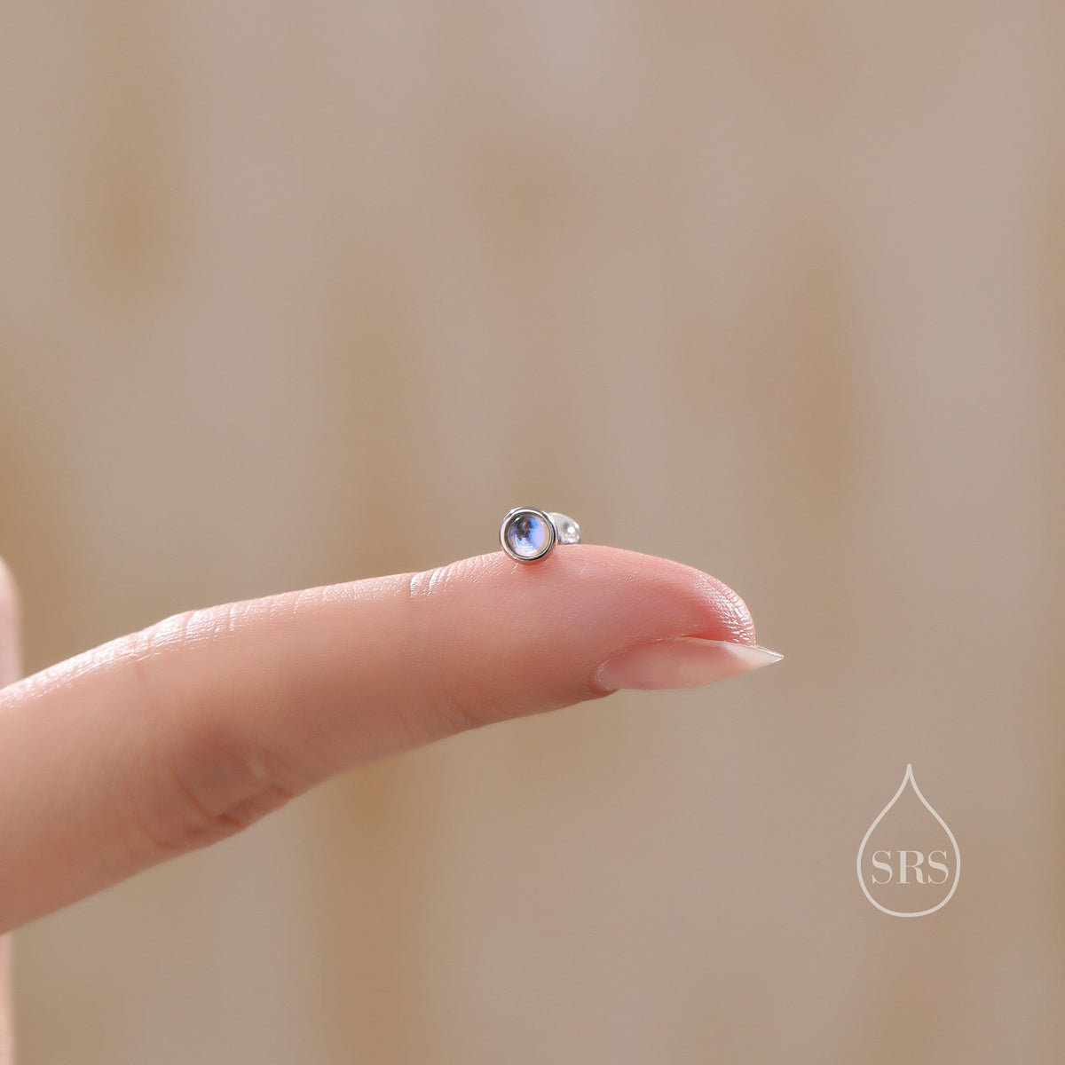 Tiny Moonstone Internally Threaded Flat Back/Screw back(Barbell)/ Stud Earrings in Sterling Silver, Lab Moonstone Earrings, Piercing