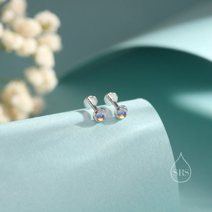 Very Tiny Moonstone Screw back(Barbell)/ Internally Threaded Flat Back/ Stud Earrings in Sterling Silver, Lab Moonstone Earrings, Piercing