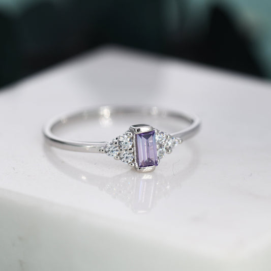 Vintage Inspired Lilac Purple CZ Ring in Sterling Silver, Baguette Ring, Silver or Gold, Delicate Sapphire Ring, Size US 5 - 8