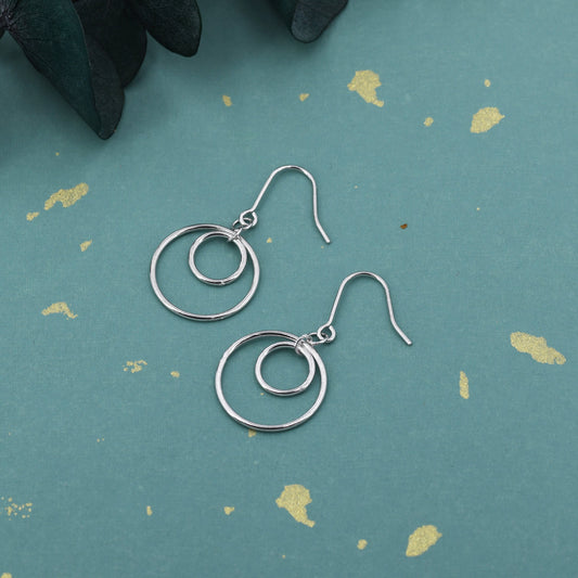 Double Circle Drop Hook Earrings in Sterling Silver, Silver or Gold, Minimalist Dangle Earrings