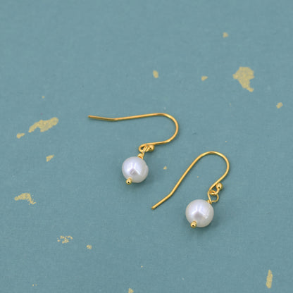 Natural Freshwater Pearl Drop Hook Earrings in Sterling Silver, Silver or Gold, 6mm Irregular Shaped Round Pearl Earrings, Minimalist