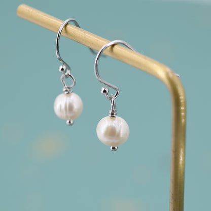 Natural Freshwater Pearl Drop Hook Earrings in Sterling Silver, Silver or Gold, 6mm Irregular Shaped Round Pearl Earrings, Minimalist