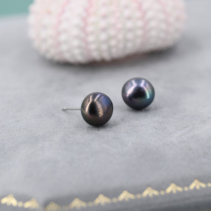 Natural Black Pearl Stud Earrings in Sterling Silver, Various Sizes,  Button Shape Black Freshwater Pearl Earrings, Natural Pearl Earrings