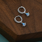 Sterling Silver Opal and CZ Crown Huggie Hoops, CZ Opal Fan Shape Hoop Earrings, Dainty Dangle Earrings, Blue Opal Earrings