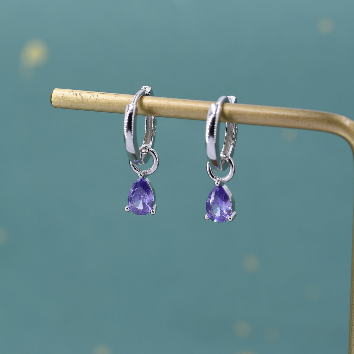 Sterling Silver Amethyst Purple CZ Droplet Hoop Earrings, Silver, Gold or Rose Gold, Pear Cut Drop Earrings, Interchangeable Charms