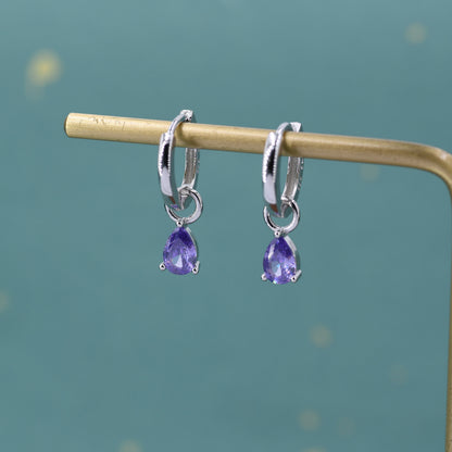 Sterling Silver Amethyst Purple CZ Droplet Hoop Earrings,  Silver, Gold or Rose Gold,  Pear Cut Drop Earrings,  Interchangeable Charms