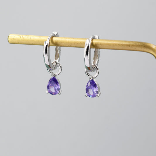 Sterling Silver Amethyst Purple CZ Droplet Hoop Earrings, Silver, Gold or Rose Gold, Pear Cut Drop Earrings, Interchangeable Charms
