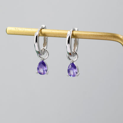 Sterling Silver Amethyst Purple CZ Droplet Hoop Earrings,  Silver, Gold or Rose Gold,  Pear Cut Drop Earrings,  Interchangeable Charms