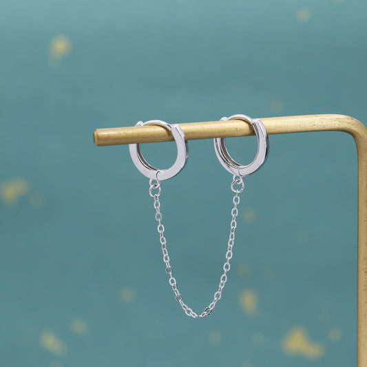 Sterling Silver Double Piercing Huggie Hoop Earrings with Linking Chain, Chained Hoop Earring, Linked Hoops, Double Piercing Hoops