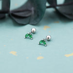 Sterling Silver Emerald Green CZ Marquise Leaf Duo Barbell Earrings, Gold or Silver, Marquise Fan Screwback Earrings, Screw Back Earrings