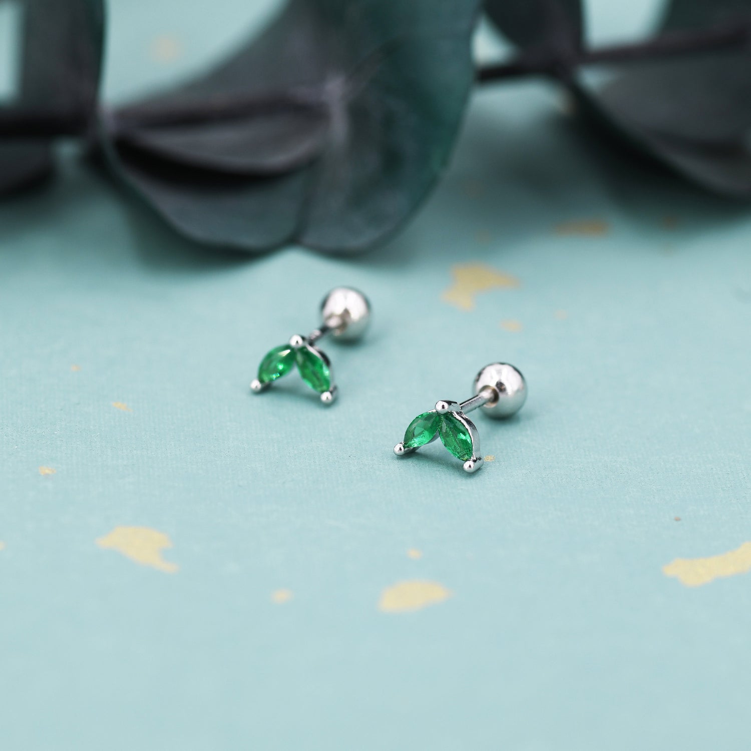 Sterling Silver Emerald Green CZ Marquise Leaf Duo Barbell Earrings, Gold or Silver, Marquise Fan Screwback Earrings, Screw Back Earrings