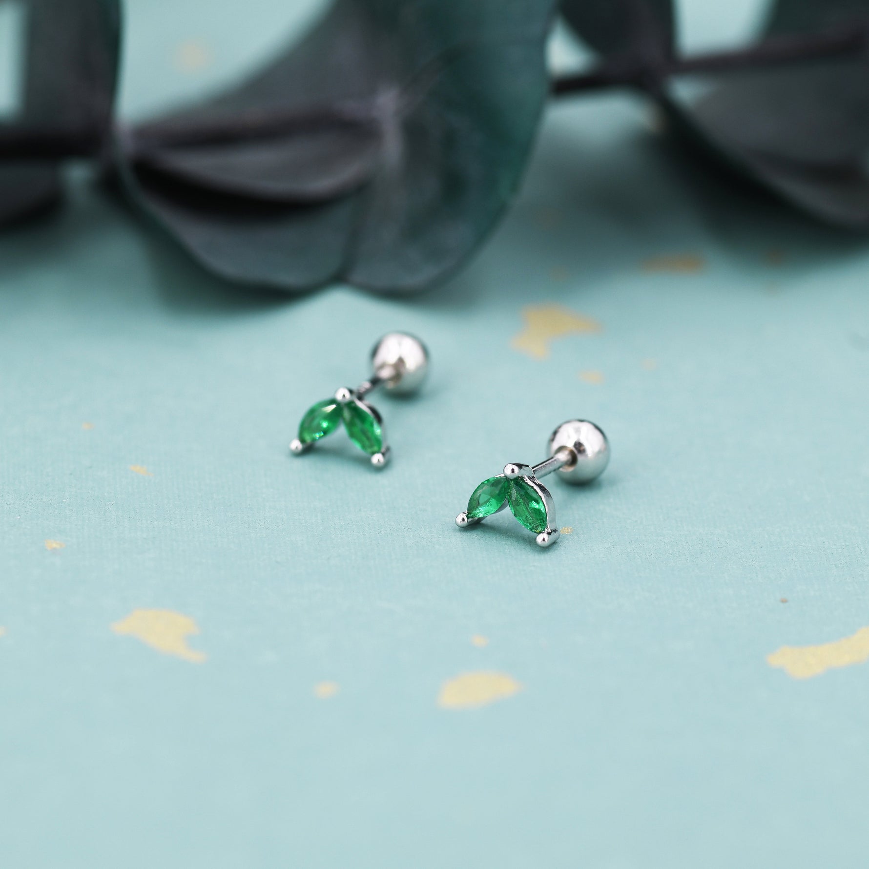 Sterling Silver Emerald Green CZ Marquise Leaf Duo Barbell Earrings, Gold or Silver, Marquise Fan Screwback Earrings, Screw Back Earrings