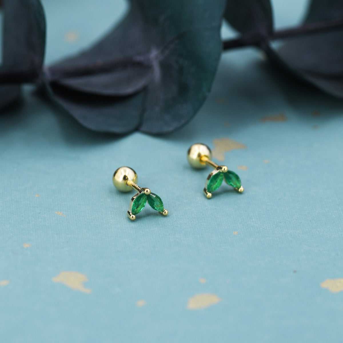 Sterling Silver Emerald Green CZ Marquise Leaf Duo Barbell Earrings, Gold or Silver, Marquise Fan Screwback Earrings, Screw Back Earrings