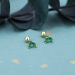 Sterling Silver Emerald Green CZ Marquise Leaf Duo Barbell Earrings, Gold or Silver, Marquise Fan Screwback Earrings, Screw Back Earrings