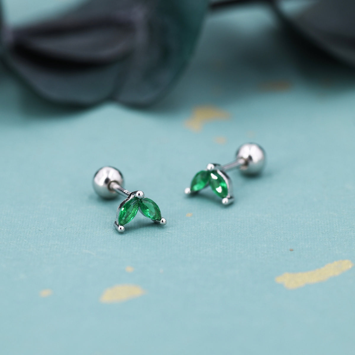 Sterling Silver Emerald Green CZ Marquise Leaf Duo Barbell Earrings, Gold or Silver, Marquise Fan Screwback Earrings, Screw Back Earrings