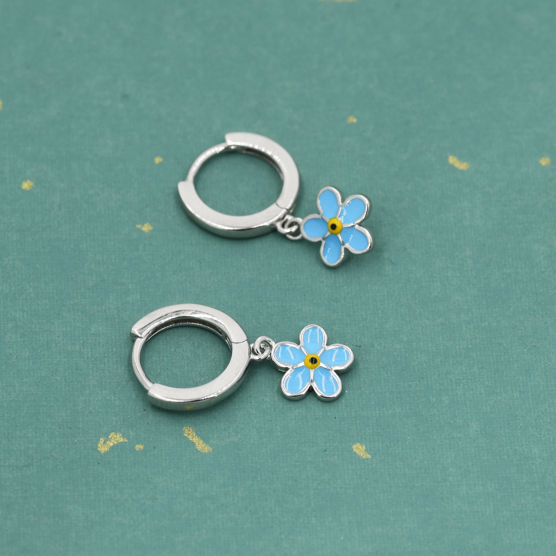 Sterling Silver Enamel Forget-me-not Flower Huggie Hoops, Dainty Dangle Forget Me Not Flower Earrings, Flower Hoops? Daisy Hoop Earrings