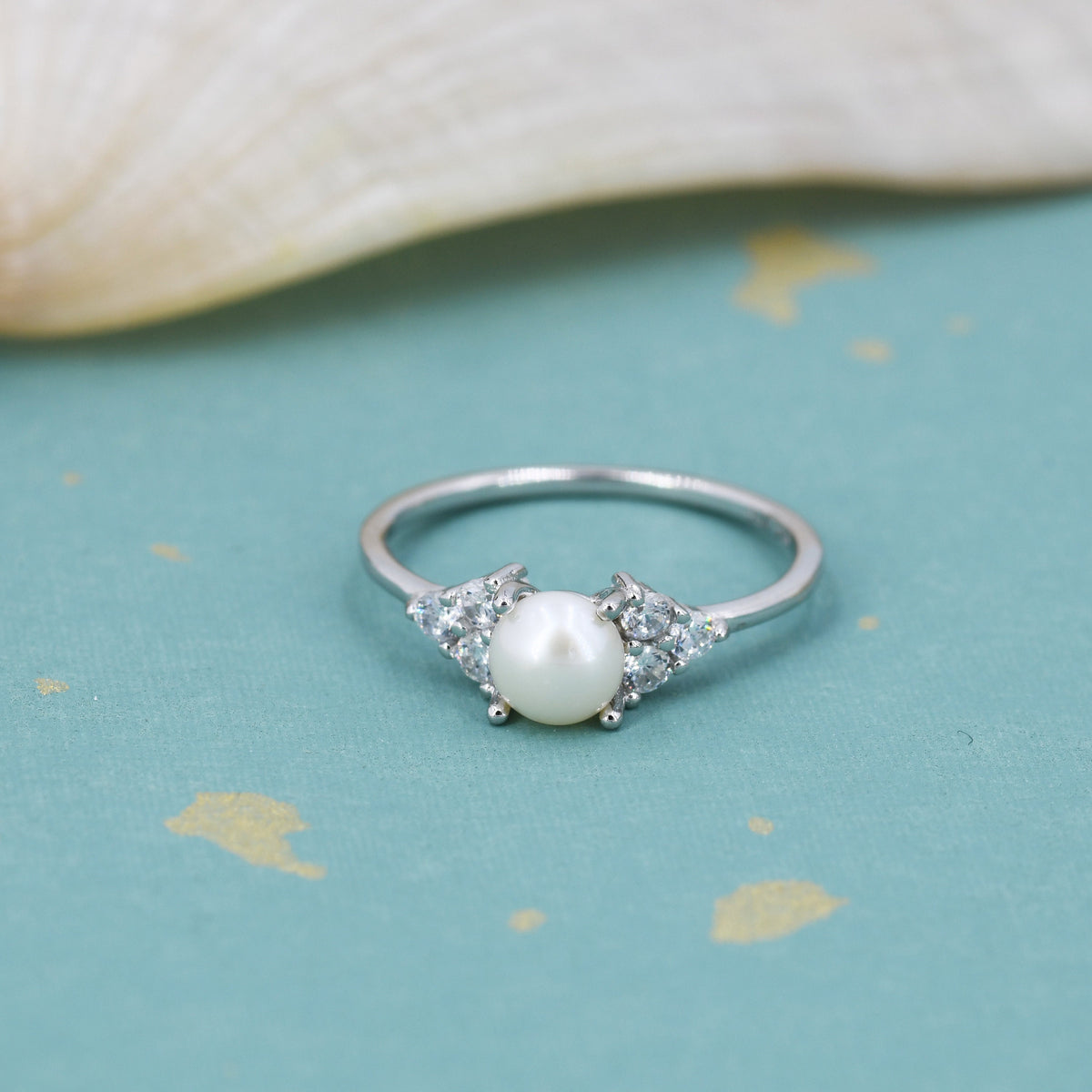Genuine Freshwater Pearl and CZ Ring in Sterling Silver, Silver, Gold or Rose Gold, Natural Pearl Ring, US 5 - 8