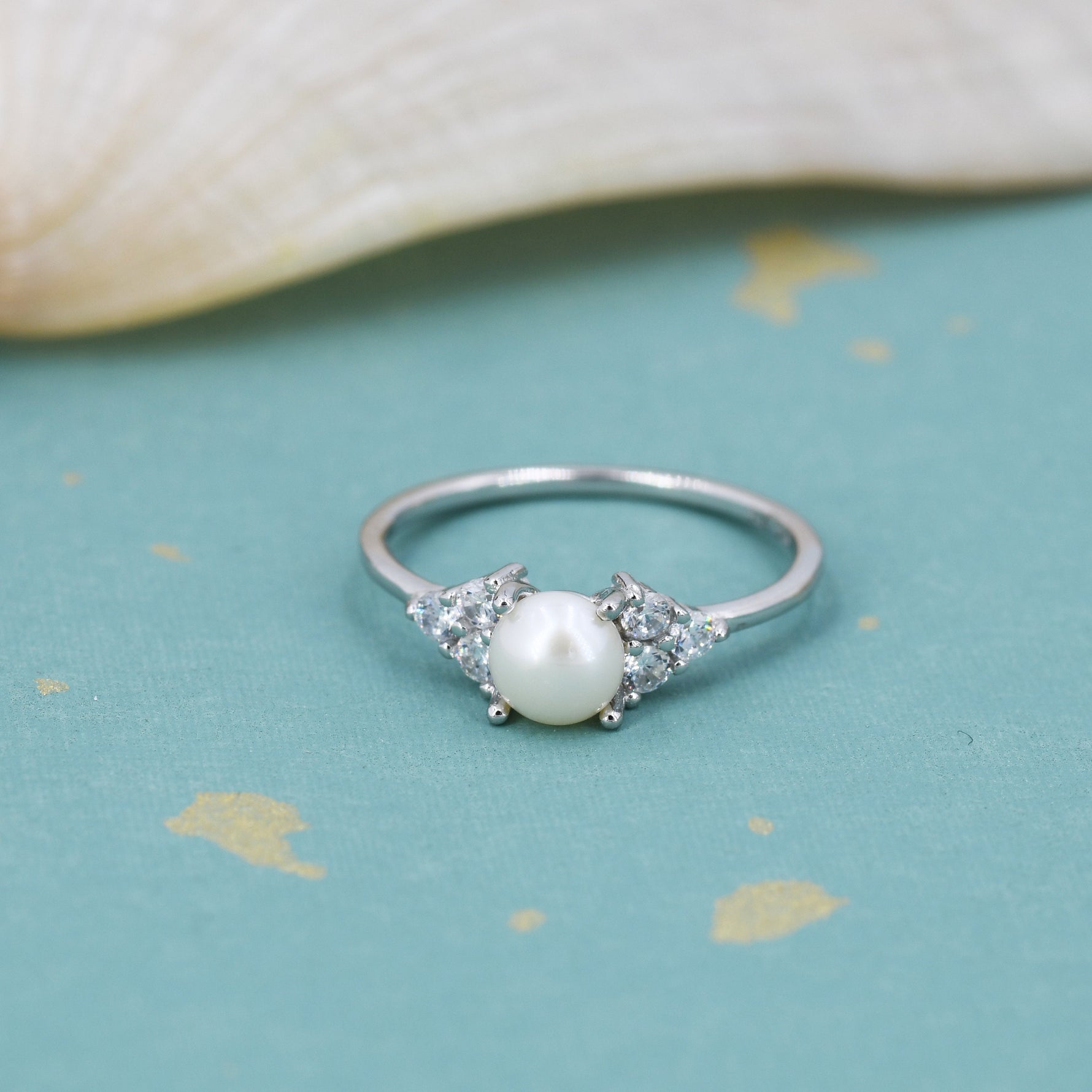 Genuine Freshwater Pearl and CZ Ring in Sterling Silver, Silver, Gold or Rose Gold, Natural Pearl Ring, US 5 - 8