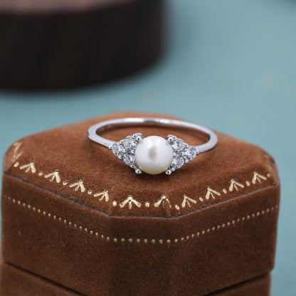 Genuine Freshwater Pearl and CZ  Ring in Sterling Silver, Silver,  Gold or Rose Gold, Natural Pearl Ring, US 5 - 8