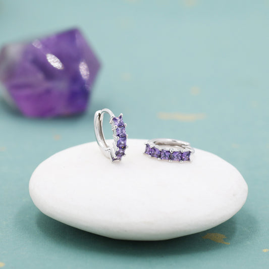 Amethyst Purple CZ Huggie Hoop in Sterling Silver, Silver or Gold, Minimalist Simple Lilac Hoop Earrings