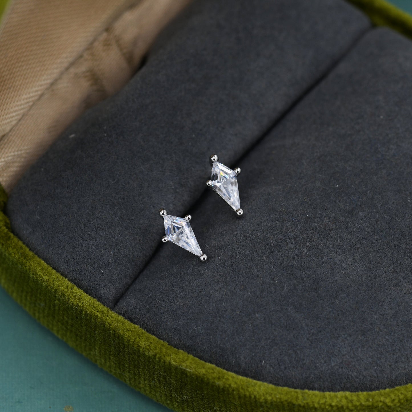 Extra Tiny Rhombus CZ Stud Earrings in Sterling Silver, Silver or Gold, Kite Shape Crystal Earrings, Geometric Minimalist Design