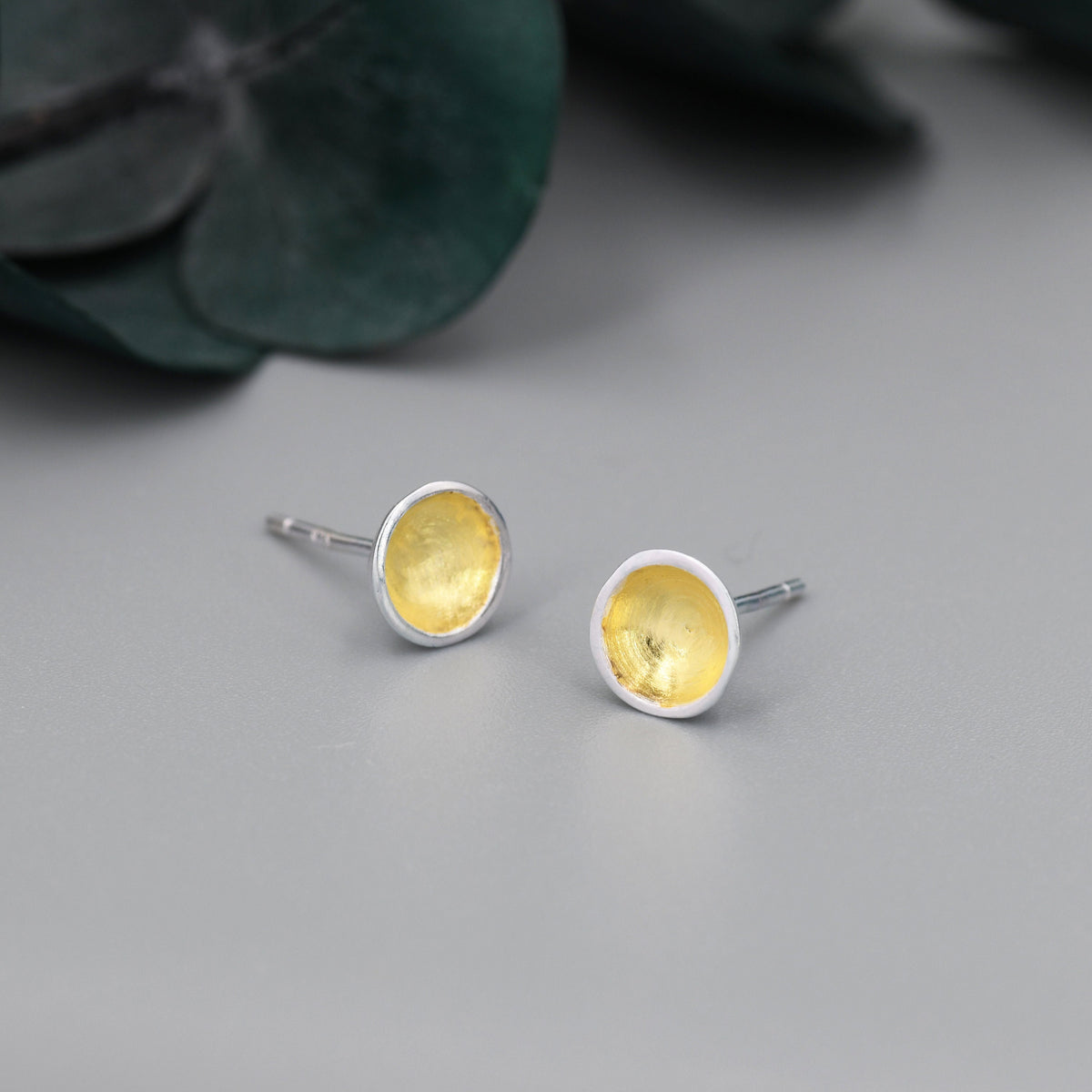 Heart of Gold Little Cup Stud Earrings in Sterling Silver - Geometric Circle Dot Minimalist Design - Plated with 18ct Gold