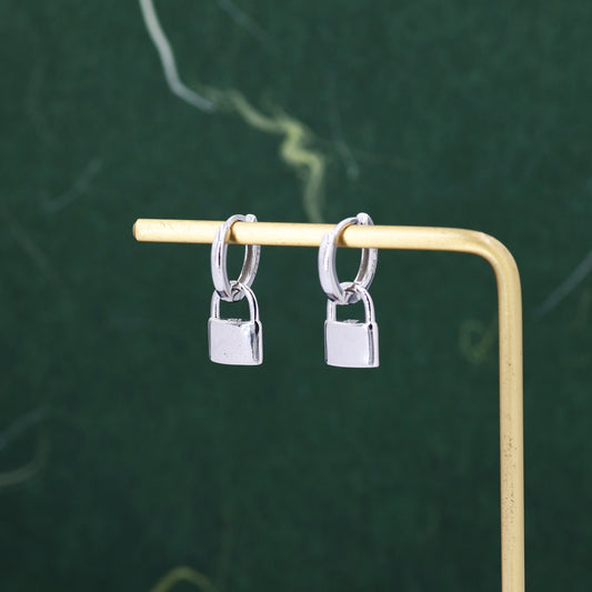 Sterling Silver Padlock Hoop Earrings, Detachable Lock Charm Dangle Hoop Earrings, Silver or Gold,  Interchangeable