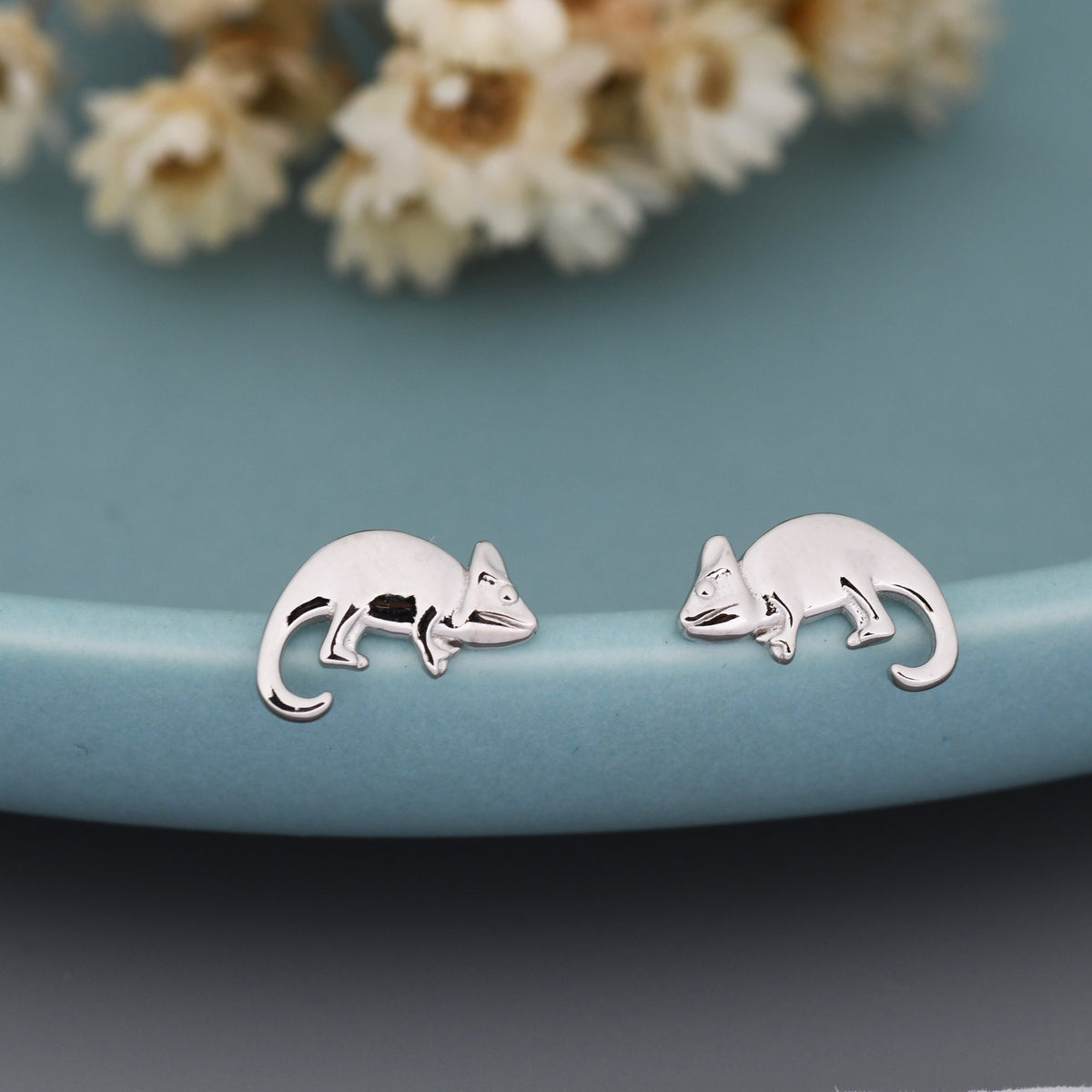 Chameleon Stud Earrings in Sterling Silver, Silver or Gold, Nature Inspired Animal Earrings, Lizard Earrings