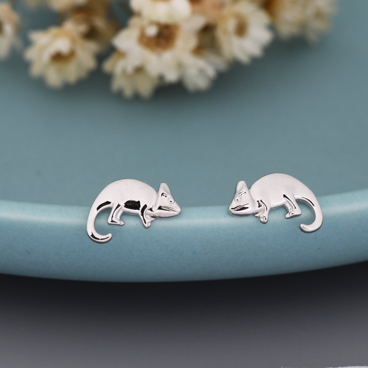 Chameleon Stud Earrings in Sterling Silver, Silver or Gold, Nature Inspired Animal Earrings, Lizard Earrings