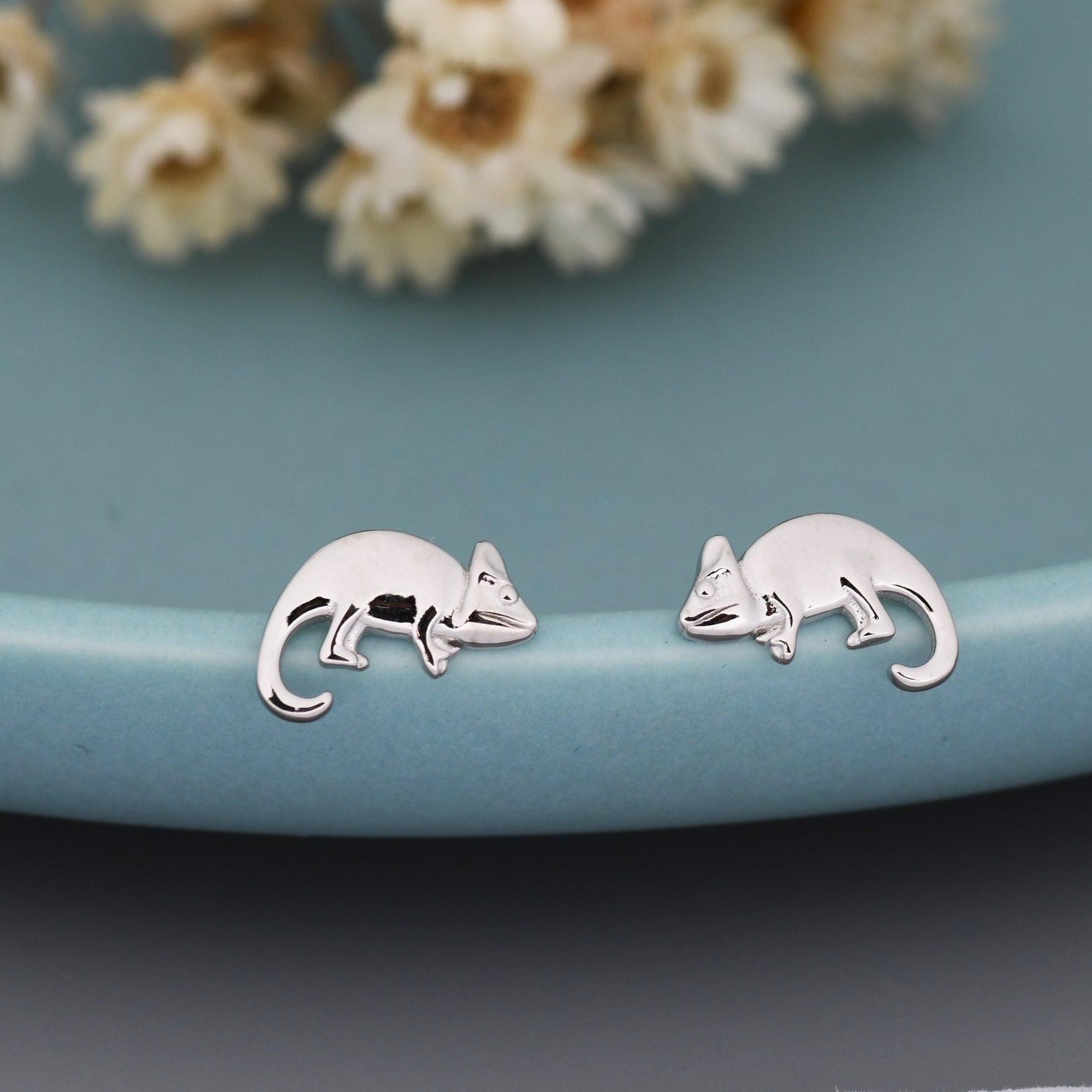 Chameleon Stud Earrings in Sterling Silver, Silver or Gold, Nature Inspired Animal Earrings, Lizard Earrings