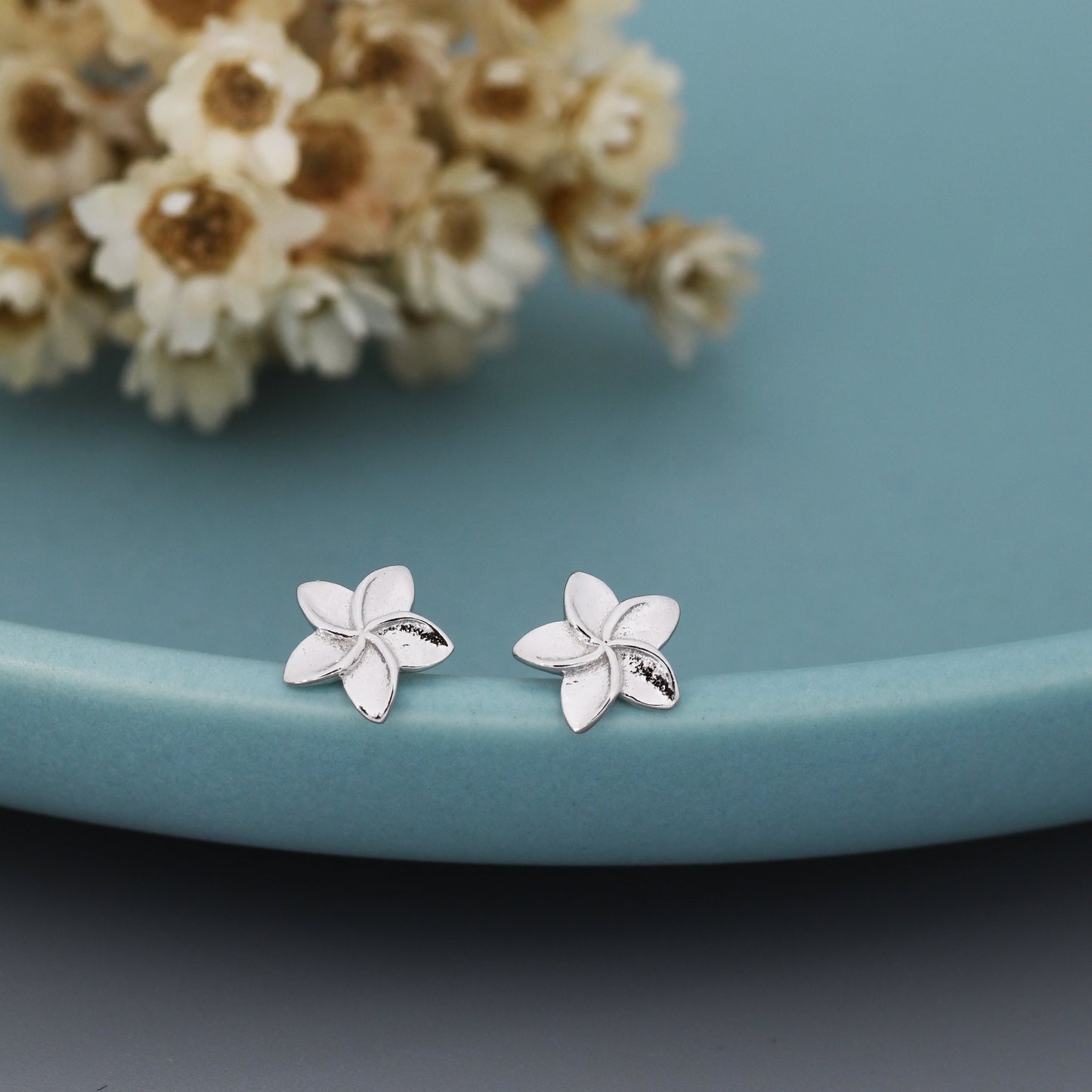 Tiny Plumeria Flower Stud Earrings in Sterling Silver, Small Flower Earrings, Nature Inspired Floral Earrings
