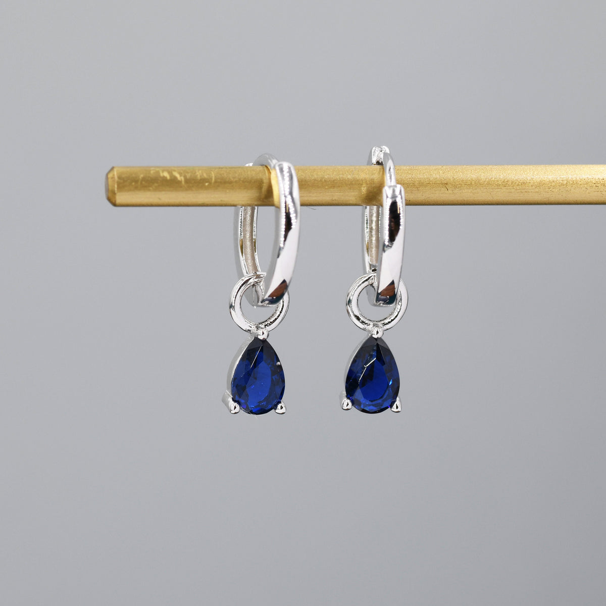 Sterling Silver Sapphire Blue CZ Droplet Hoop Earrings, Silver, Gold or Rose Gold, Pear Cut Drop Earrings, Interchangeable Charms