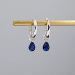 Sterling Silver Sapphire Blue CZ Droplet Hoop Earrings, Silver, Gold or Rose Gold, Pear Cut Drop Earrings, Interchangeable Charms