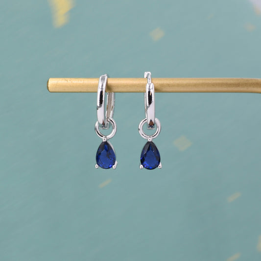 Sterling Silver Sapphire Blue CZ Droplet Hoop Earrings, Silver, Gold or Rose Gold,  Pear Cut Drop Earrings,  Interchangeable Charms