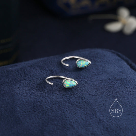 Aqua Green Droplet Opal Huggie Hoop Earrings in Sterling Silver, Opal Open Hoops, Opal Pull Through Threaders, Half Hoops, C Shape Hoops